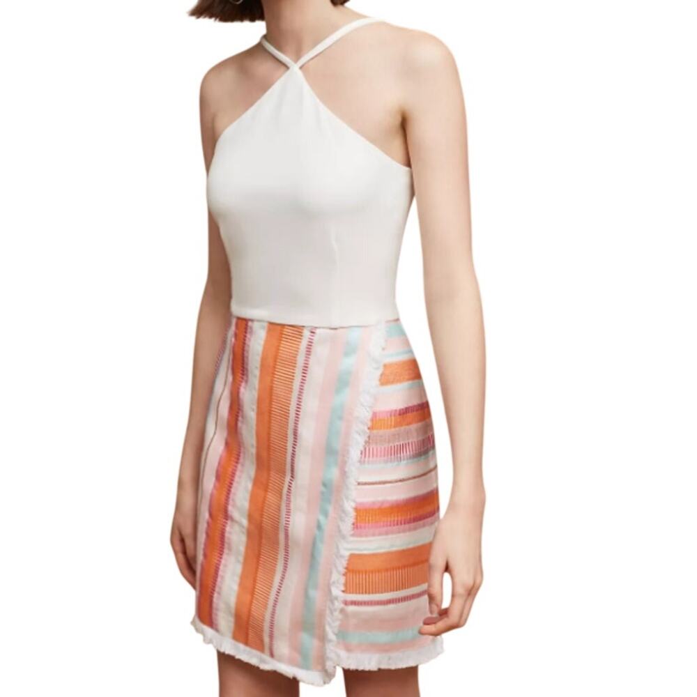 Hutch Anthropologie Ivory Pink Orange Stripe Fringe Summer Flirty Halter Dress